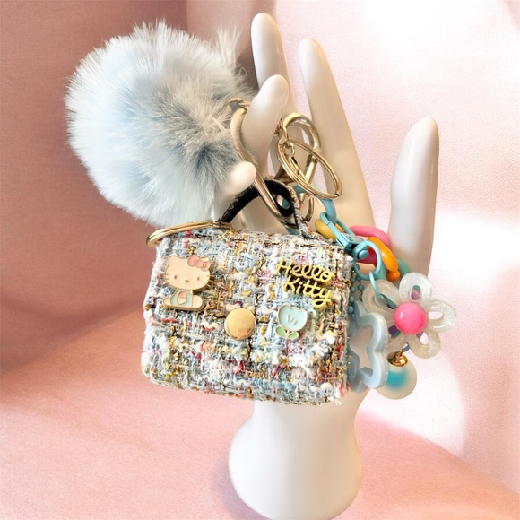 Hello Kitty Accessories - Hello Kitty Colorful Tweed Bag Charm Keychain with Pom Pom